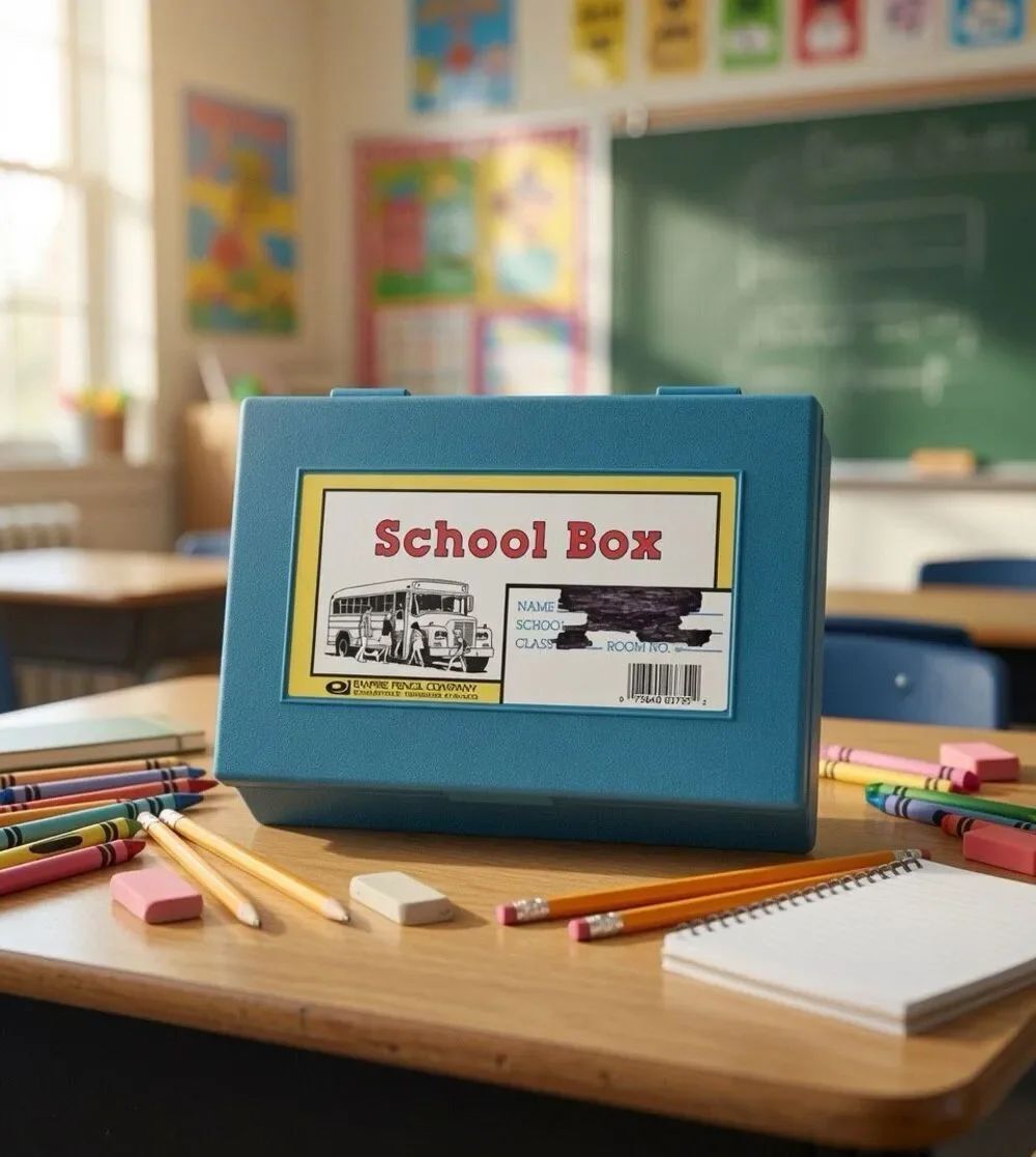 Vintage Empire Pencil Plastic School Box Case Blue School Bus
